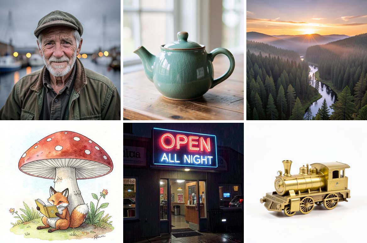 Six images generated with this page: a fisherman portrait, a celadon teapot, a misty forest valley, a watercolor fox under a mushroom, a neon OPEN ALL NIGHT sign, and a brass toy locomotive