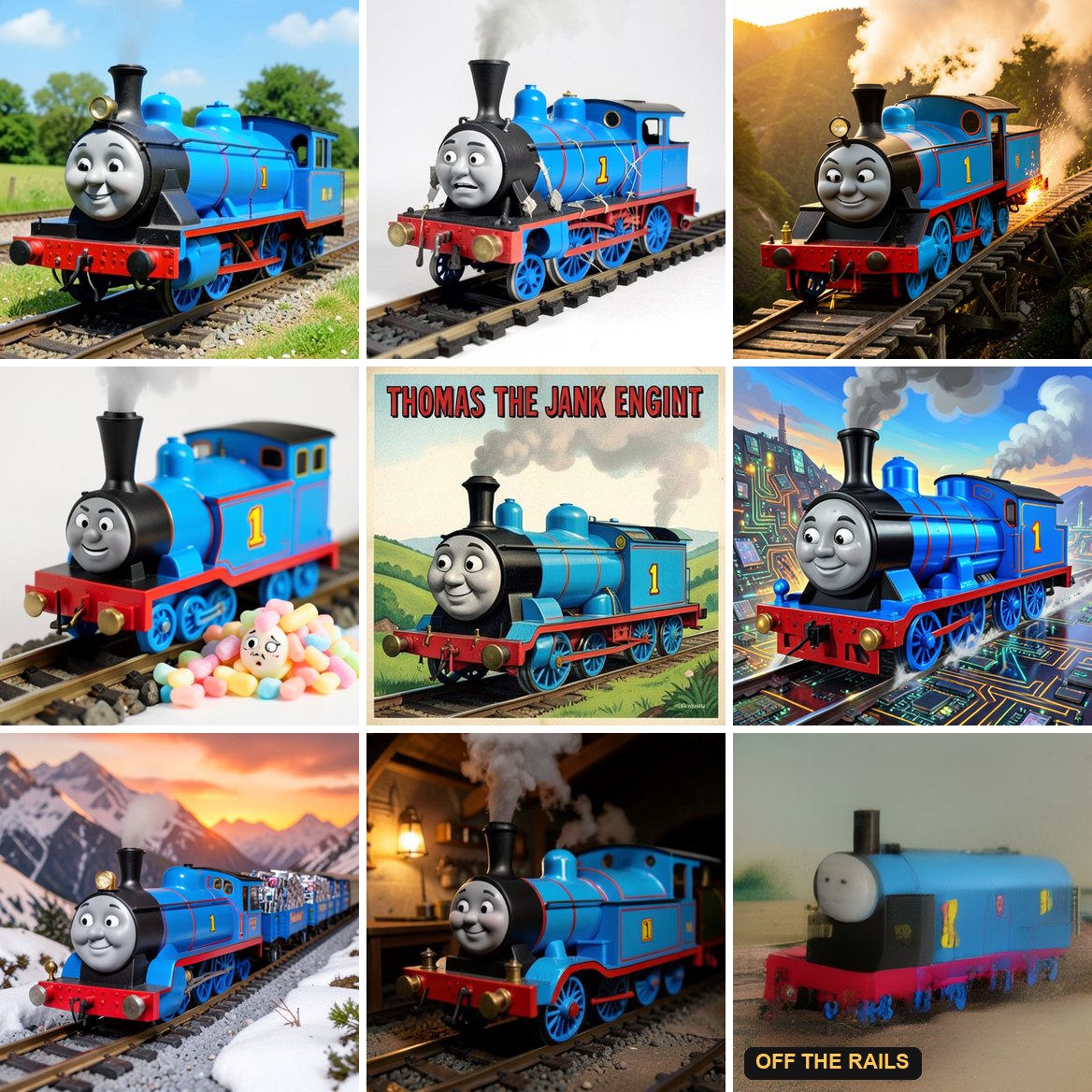Nine locally generated portraits of a blue toy train in different scenes and levels of jank