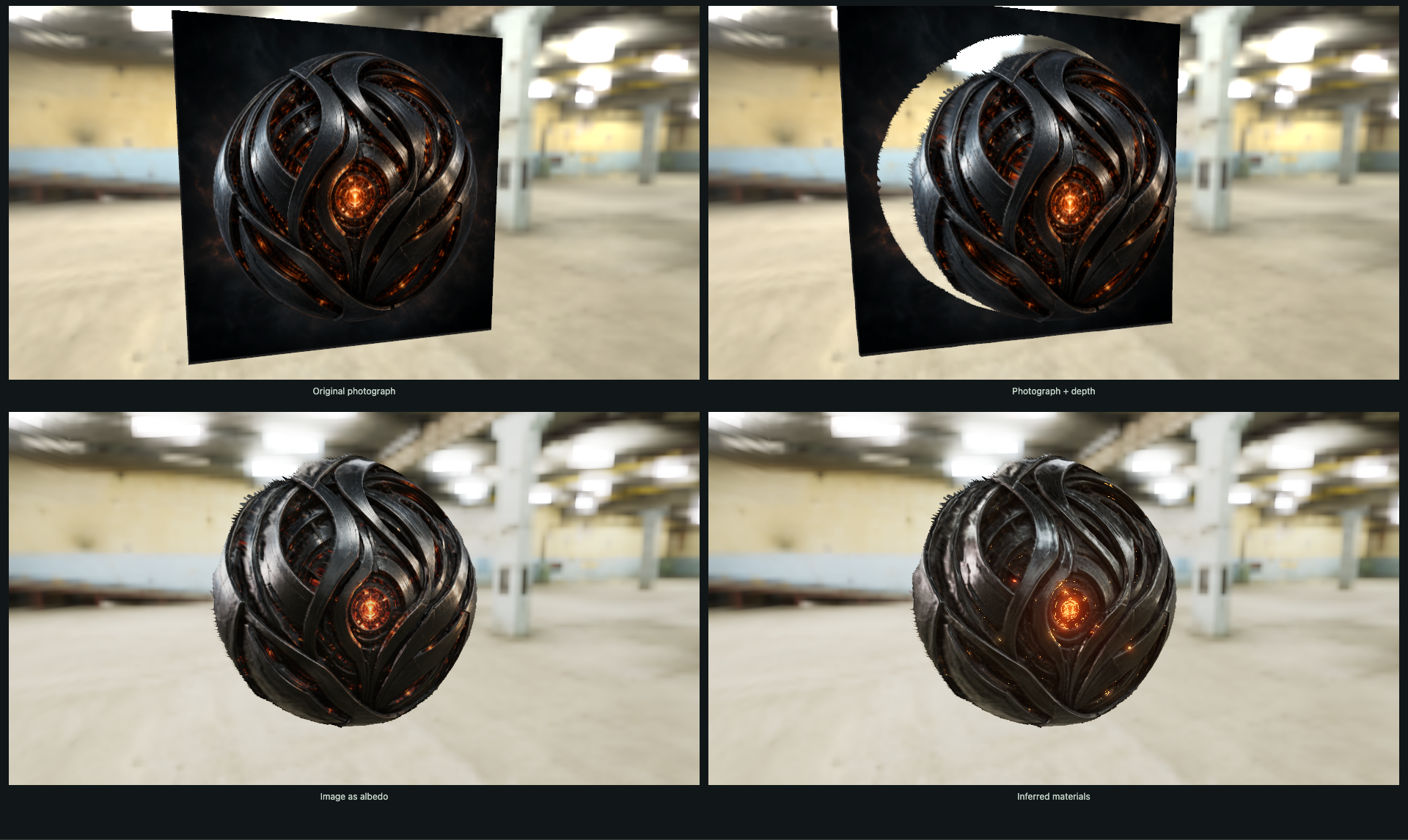 A metallic glowing orb compared as a flat photograph, recovered depth, image-based relighting and inferred materials